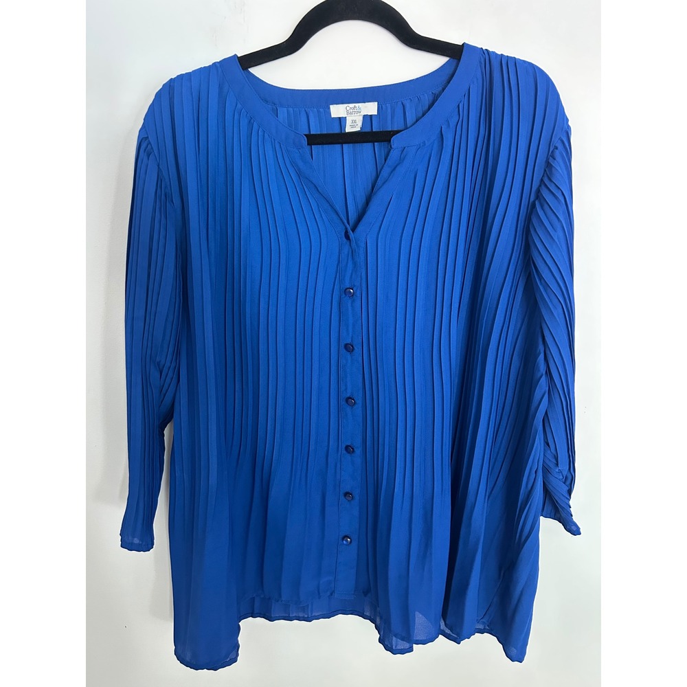 Croft & Barrow Womens XXL Royal Blue Pleated Button Front Blouse 3/4 Sleeve Top
